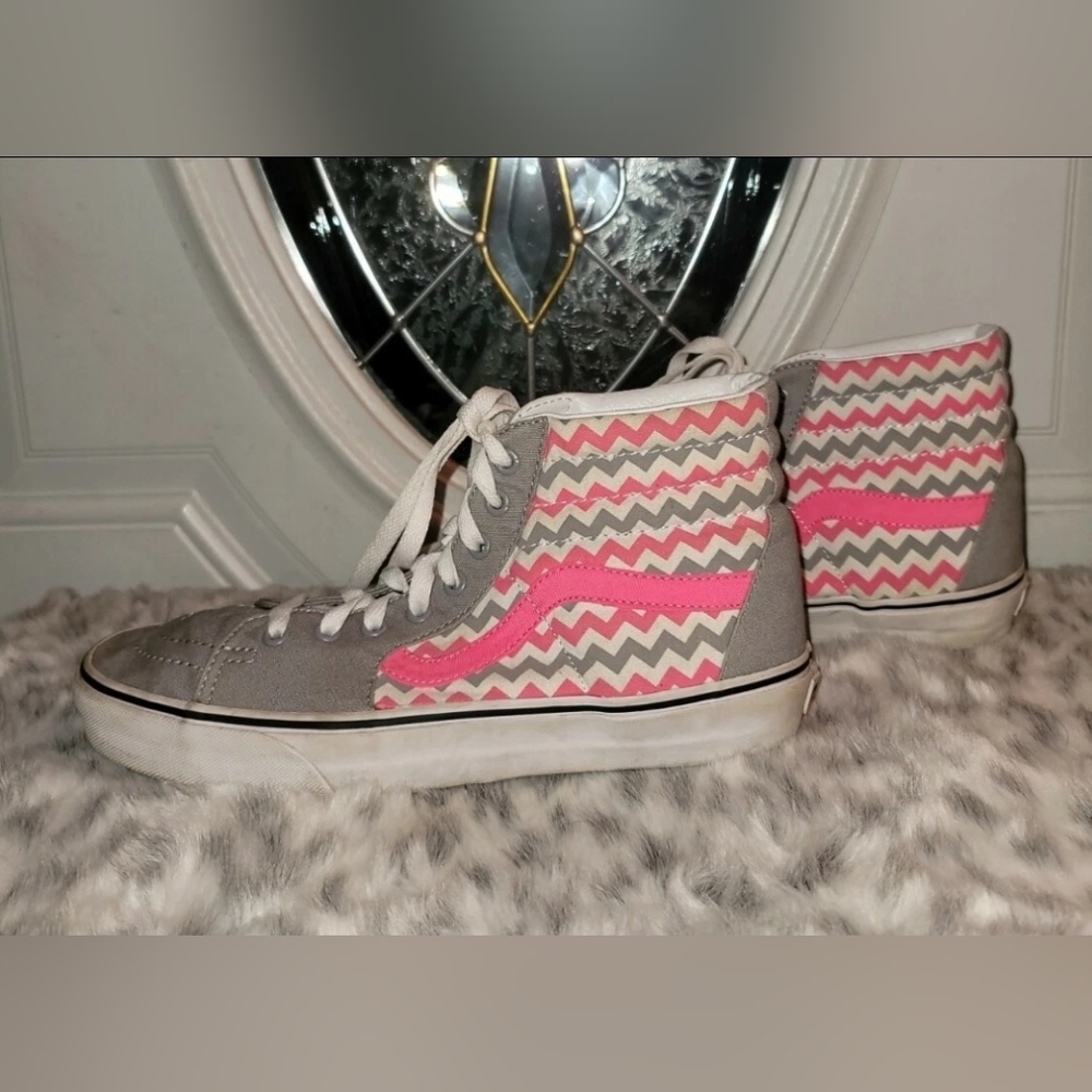 Vans Sk8 Hi Skate Pink Gray Zigzag Canvas Skateboarding Sneaker Sz W 10.5 M 9